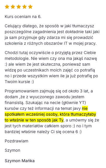 Opinia uczestnika kursu Java od podstaw 3