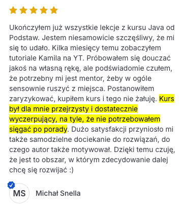 Opinia uczestnika kursu Java od podstaw 4