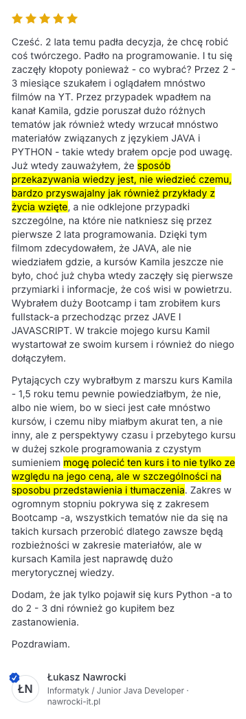 Opinia uczestnika kursu Java od podstaw 10